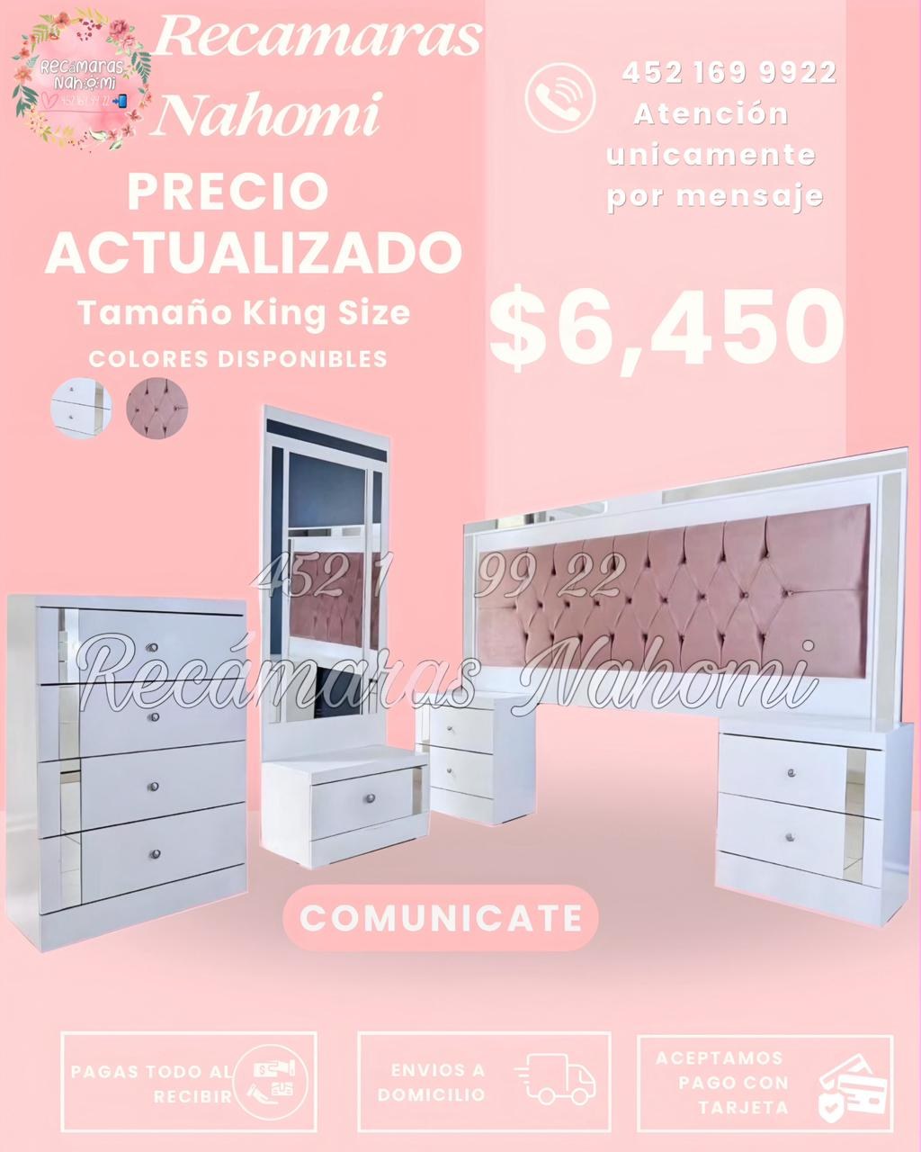 Recámara King Blanca Espejo Capitonada Rosa