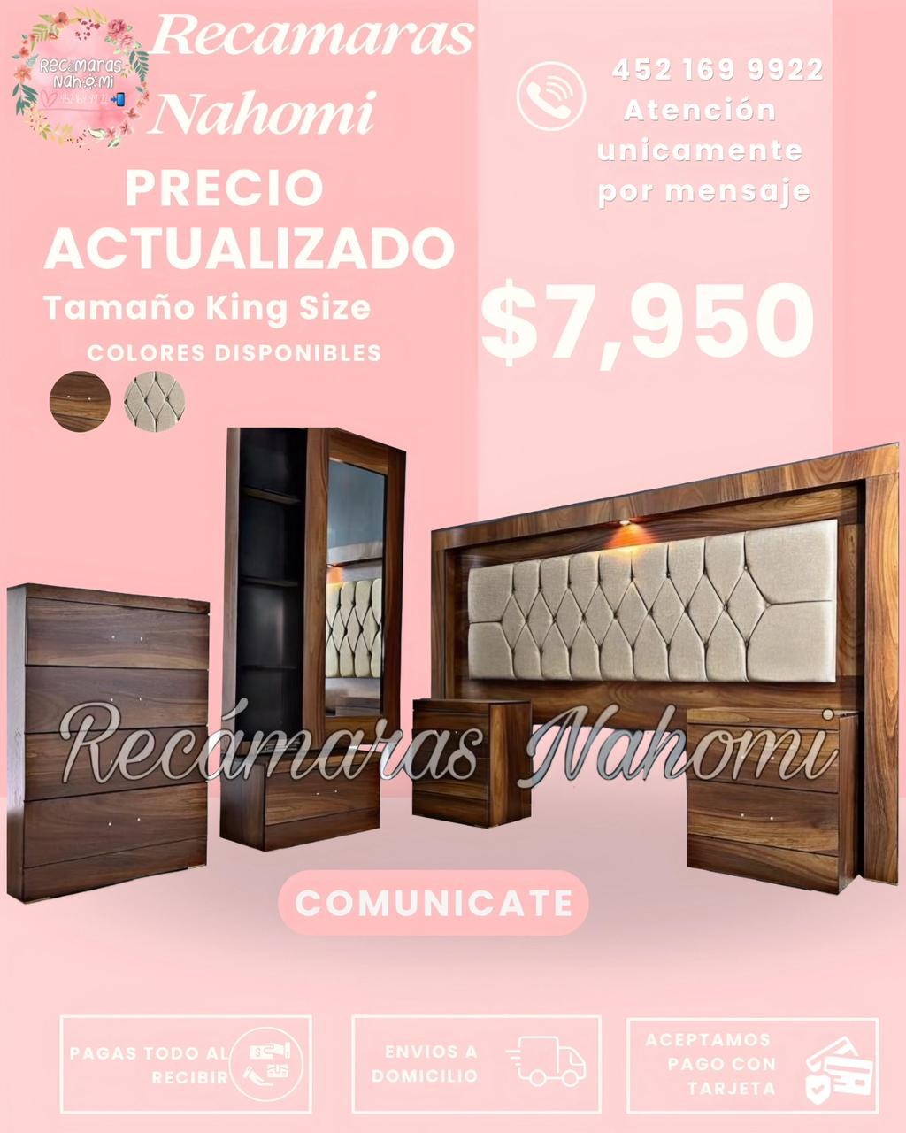 Recámara King Nogal Capitonada Beige con Vitrina