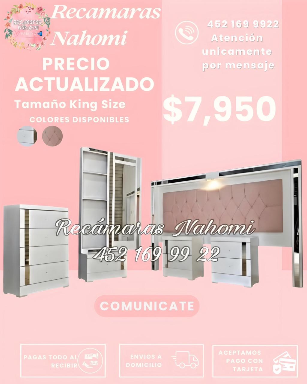 Recámara King Blanca Capitonada Rosa con Vitrina